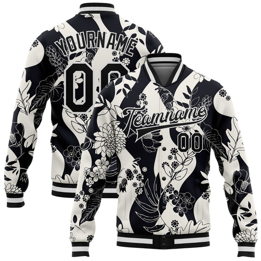 Custom Black White Floral Wave 3D Pattern Design Bomber Full-Snap Varsity Letterman Jacket - Main View