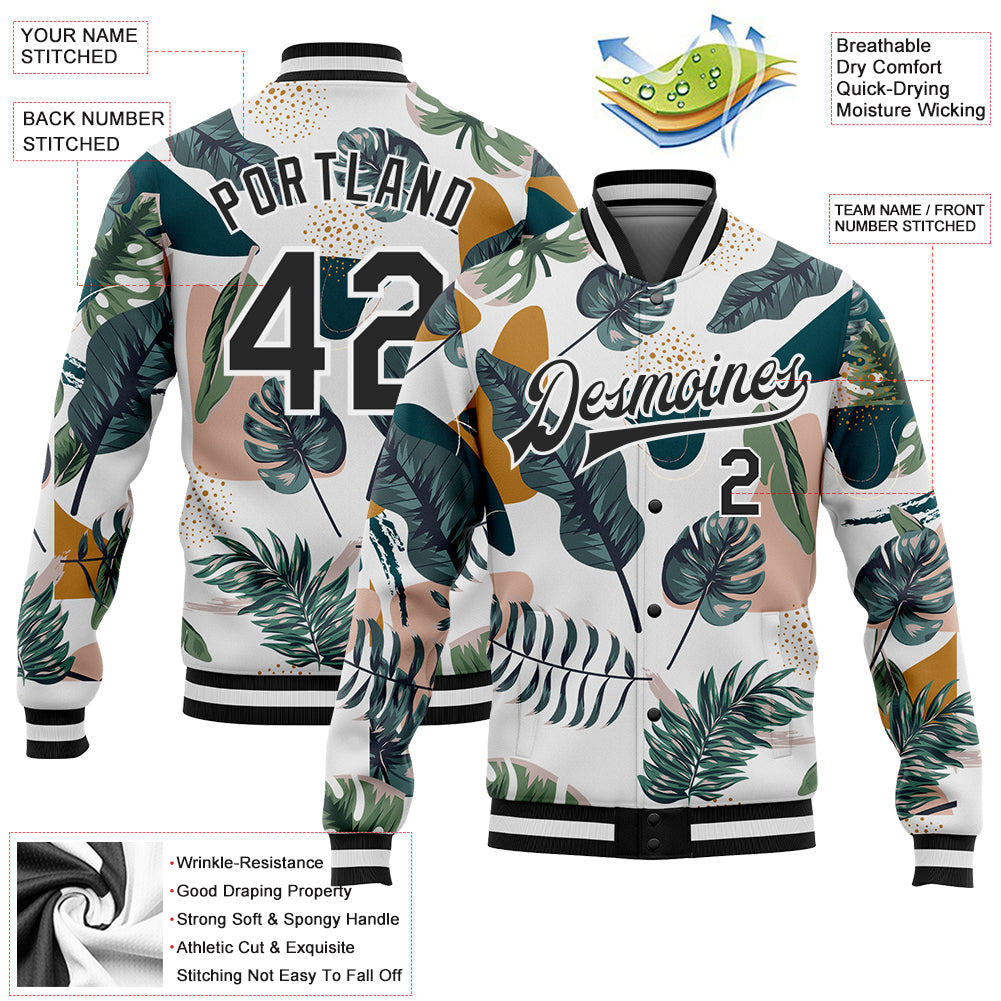 Custom White Black Leaves 3D Pattern Design Bomber Full-Snap Varsity Letterman Jacket view 5