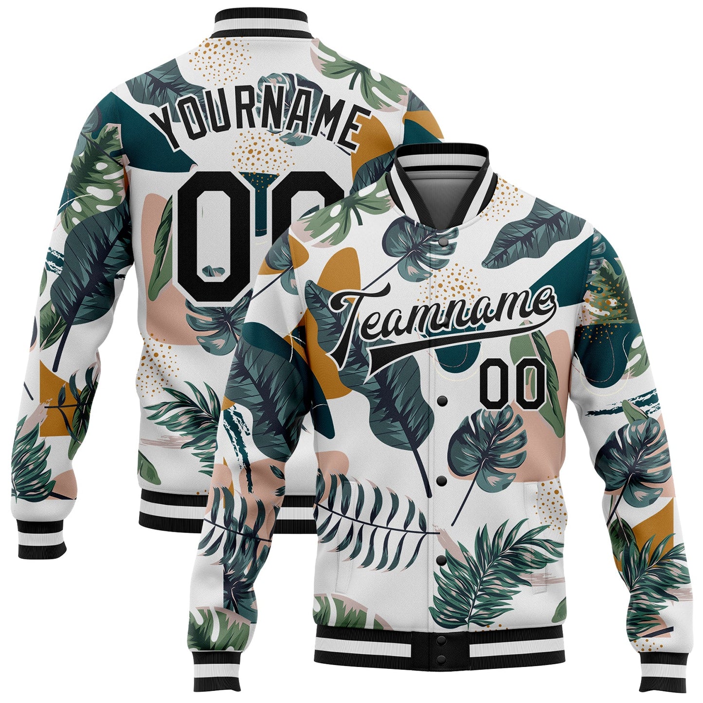 Custom White Black Leaves 3D Pattern Design Bomber Full-Snap Varsity Letterman Jacket - Main View
