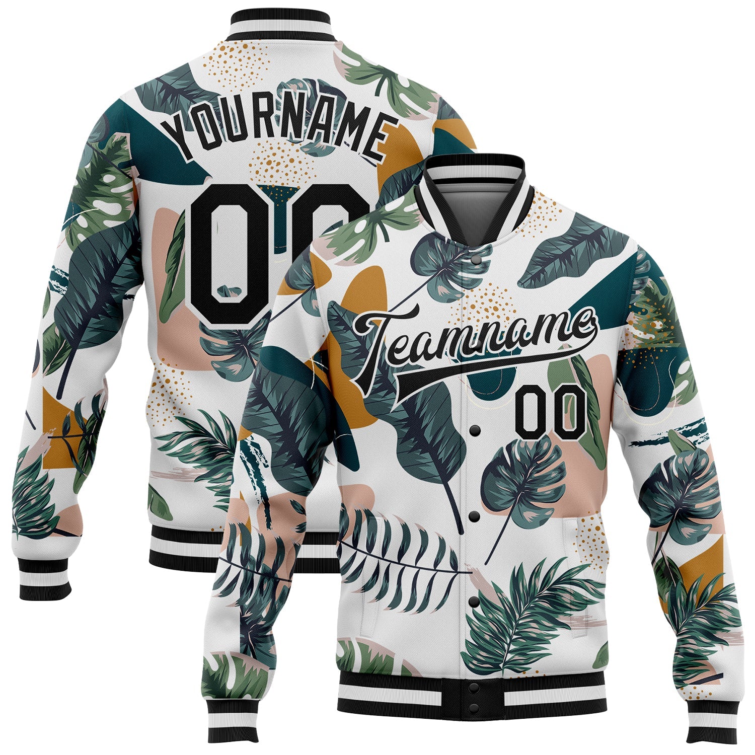 Custom White Black Leaves 3D Pattern Design Bomber Full-Snap Varsity Letterman Jacket - Main View