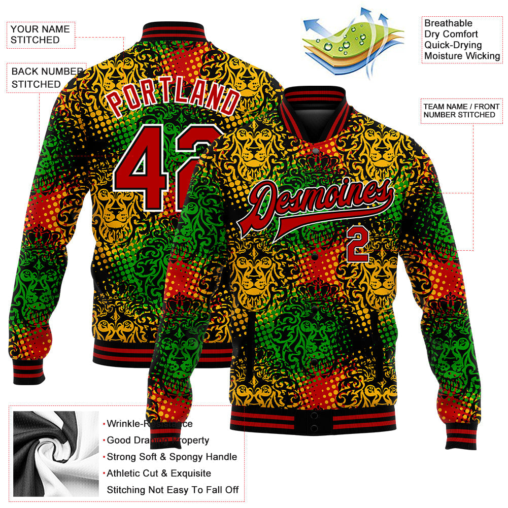 Custom Black Red-White Black History Month 3D Pattern Design Bomber Full-Snap Varsity Letterman Jacket view 5