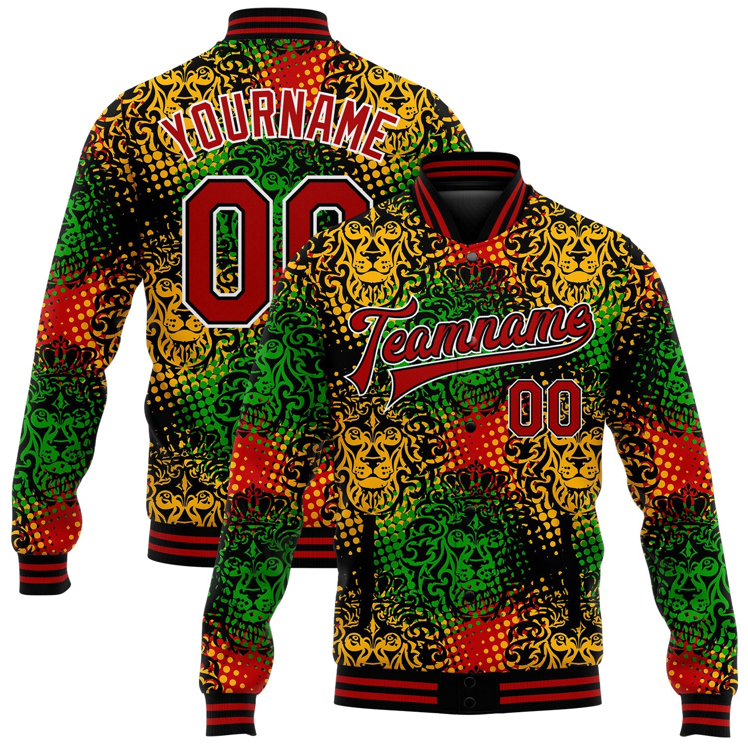 Custom Black Red-White Black History Month 3D Pattern Design Bomber Full-Snap Varsity Letterman Jacket - Main View