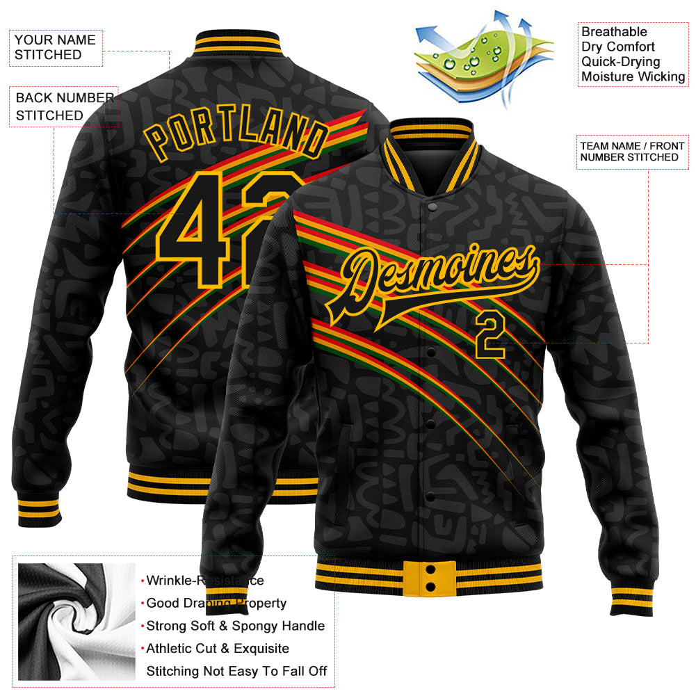 Custom Black Gold Black History Month 3D Pattern Design Bomber Full-Snap Varsity Letterman Jacket view 5