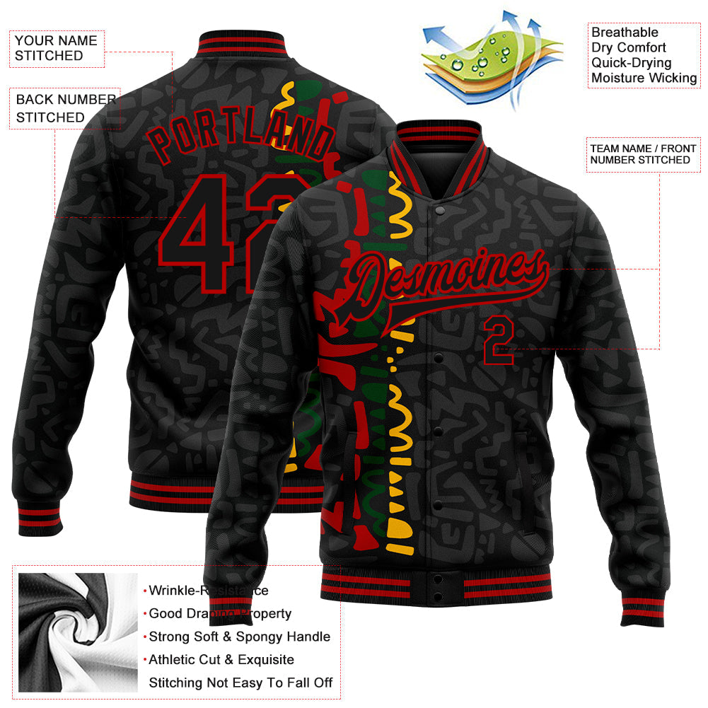 Custom Black Red Black History Month 3D Pattern Design Bomber Full-Snap Varsity Letterman Jacket view 5
