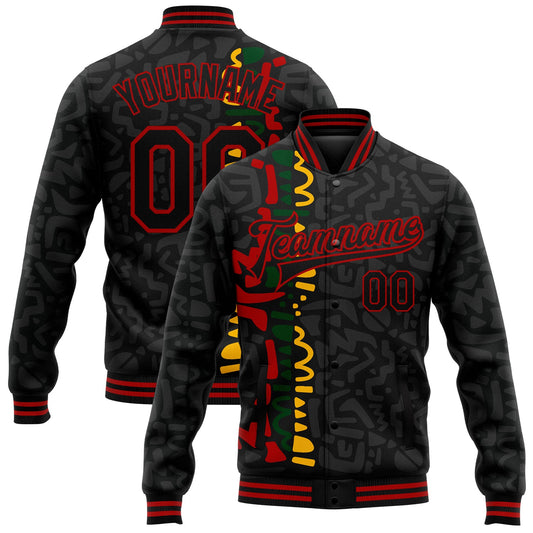 Custom Black Red Black History Month 3D Pattern Design Bomber Full-Snap Varsity Letterman Jacket - Main View
