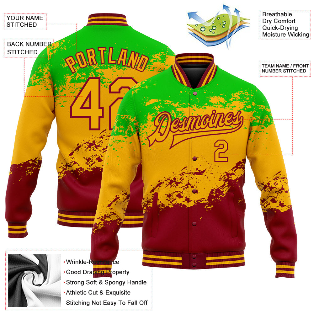Custom Green Gold-Crimson Black History Month 3D Pattern Design Bomber Full-Snap Varsity Letterman Jacket view 5