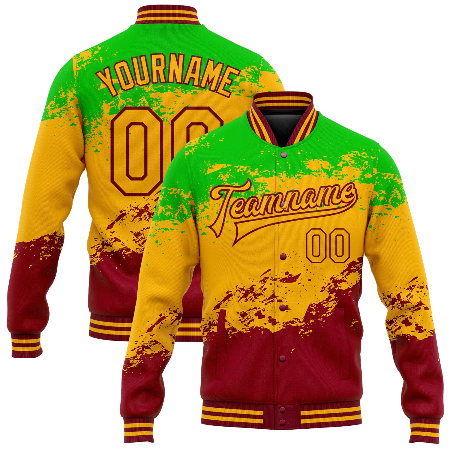 Custom Green Gold-Crimson Black History Month 3D Pattern Design Bomber Full-Snap Varsity Letterman Jacket - Main View