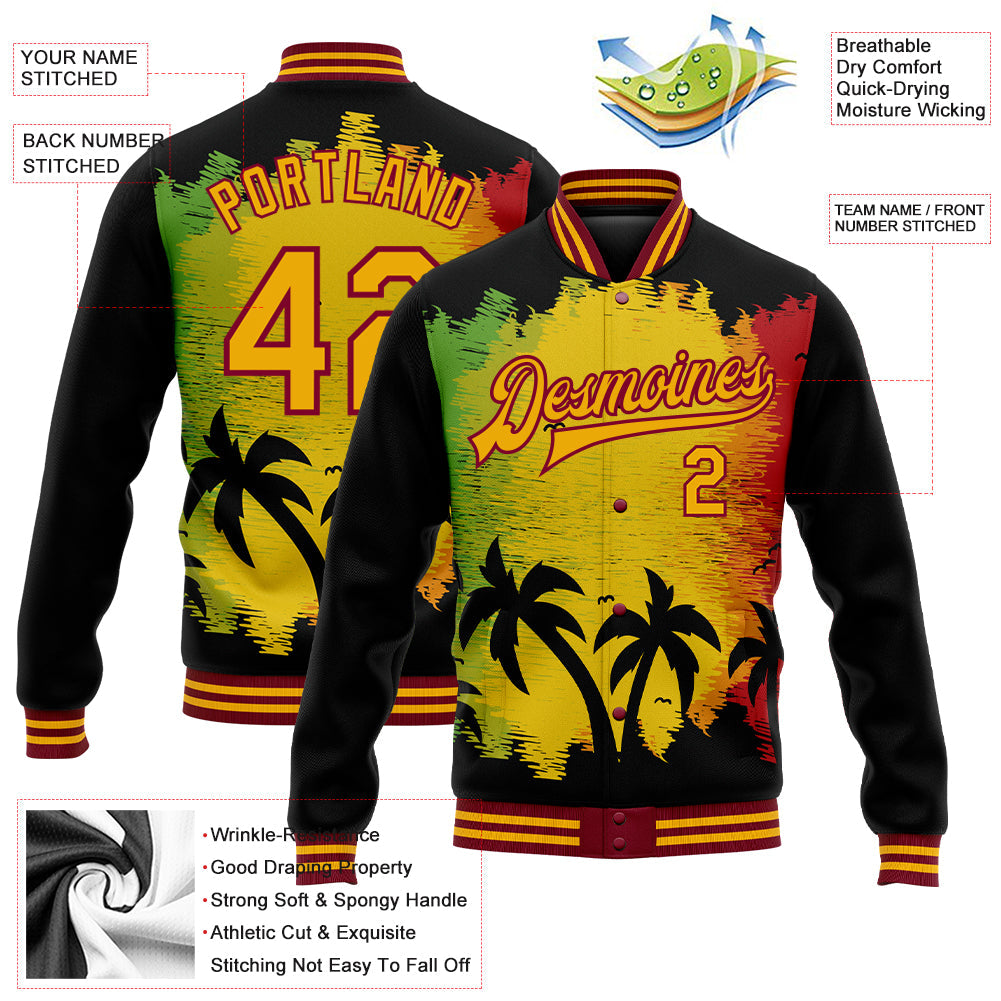 Custom Black Gold-Crimson Black History Month Hawaii Palm Trees 3D Bomber Full-Snap Varsity Letterman Jacket view 5