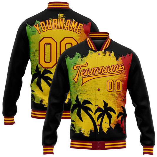 Custom Black Gold-Crimson Black History Month Hawaii Palm Trees 3D Bomber Full-Snap Varsity Letterman Jacket - Main View