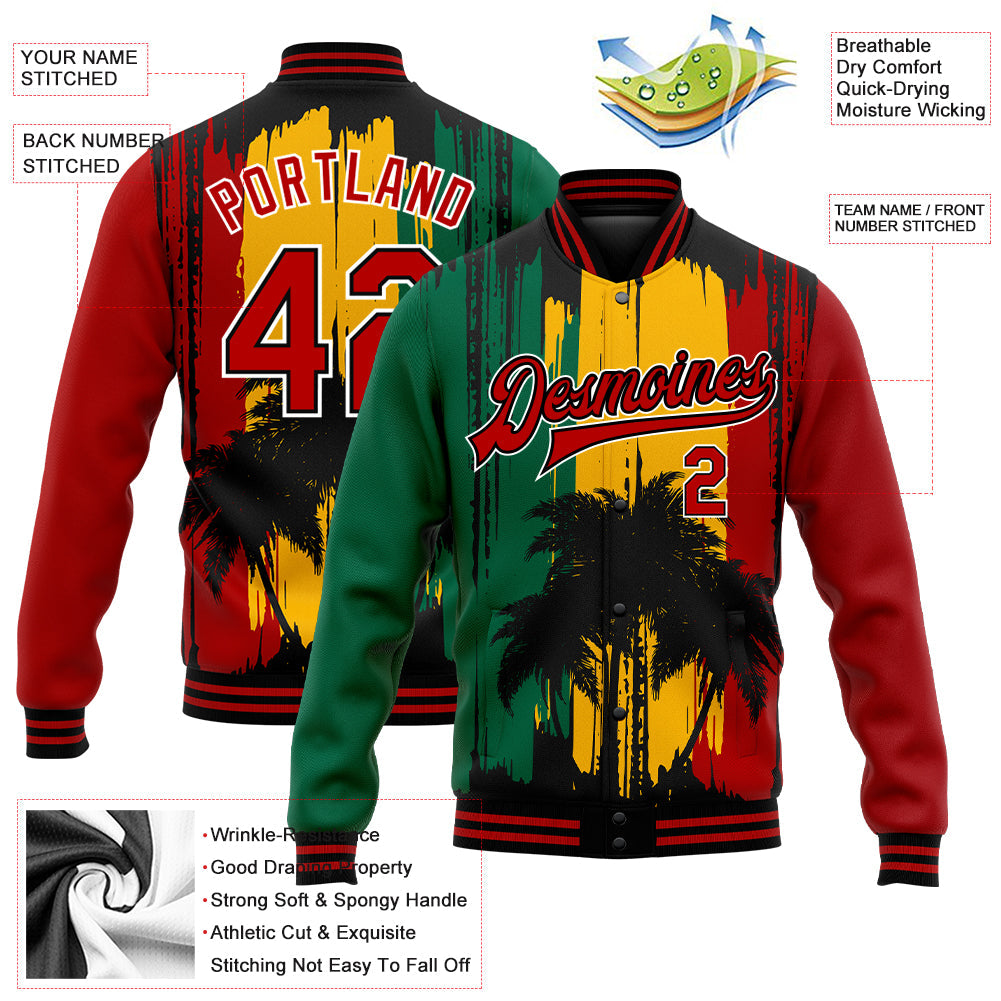 Custom Gold Red Black-Kelly Green Black History Month Hawaii Palm Trees 3D Bomber Full-Snap Varsity Letterman Jacket view 5