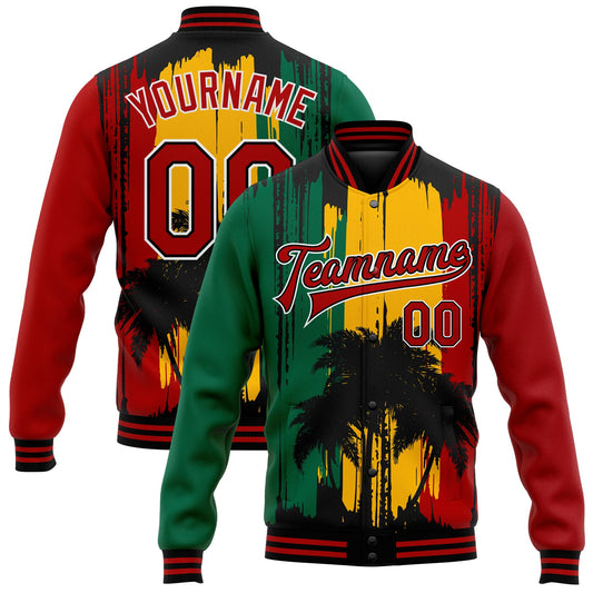Custom Gold Red Black-Kelly Green Black History Month Hawaii Palm Trees 3D Bomber Full-Snap Varsity Letterman Jacket - Main View