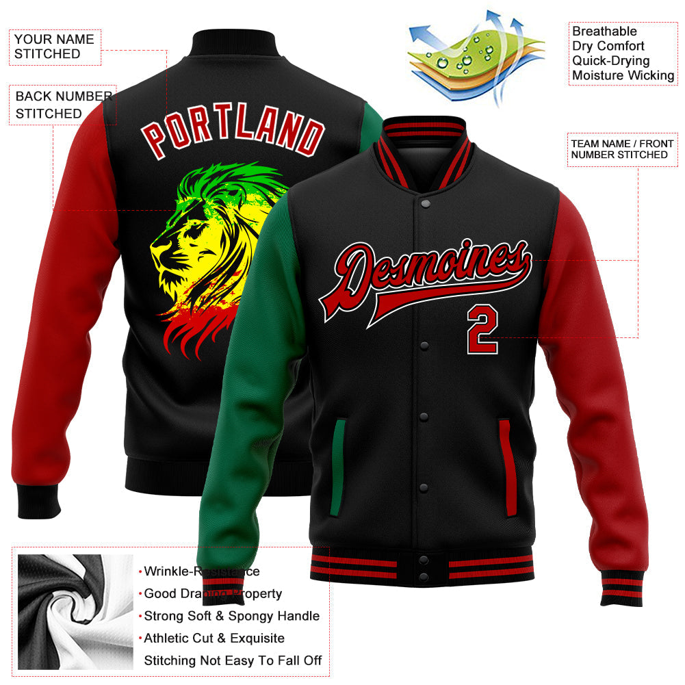 Custom Black Red-Kelly Green Black History Month Lion 3D Pattern Design Bomber Full-Snap Varsity Letterman Jacket view 5