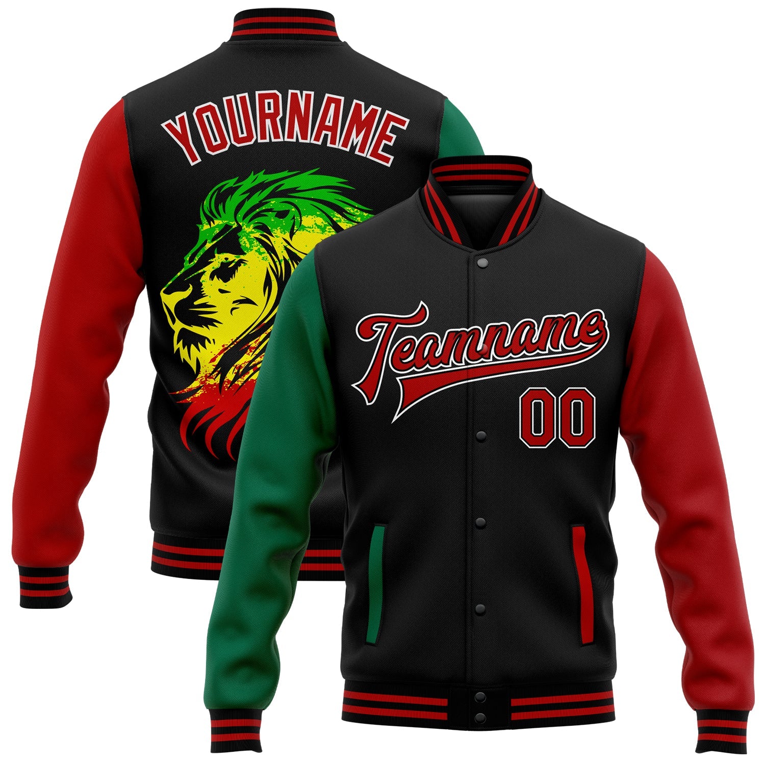 Custom Black Red-Kelly Green Black History Month Lion 3D Pattern Design Bomber Full-Snap Varsity Letterman Jacket - Main View