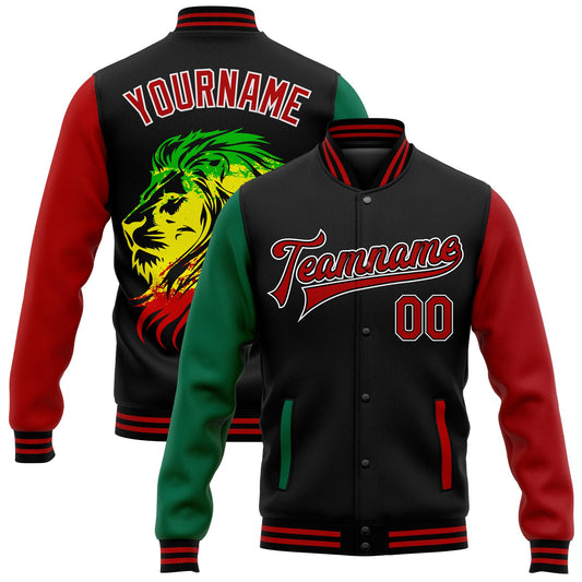 Custom Black Red-Kelly Green Black History Month Lion 3D Pattern Design Bomber Full-Snap Varsity Letterman Jacket - Main View