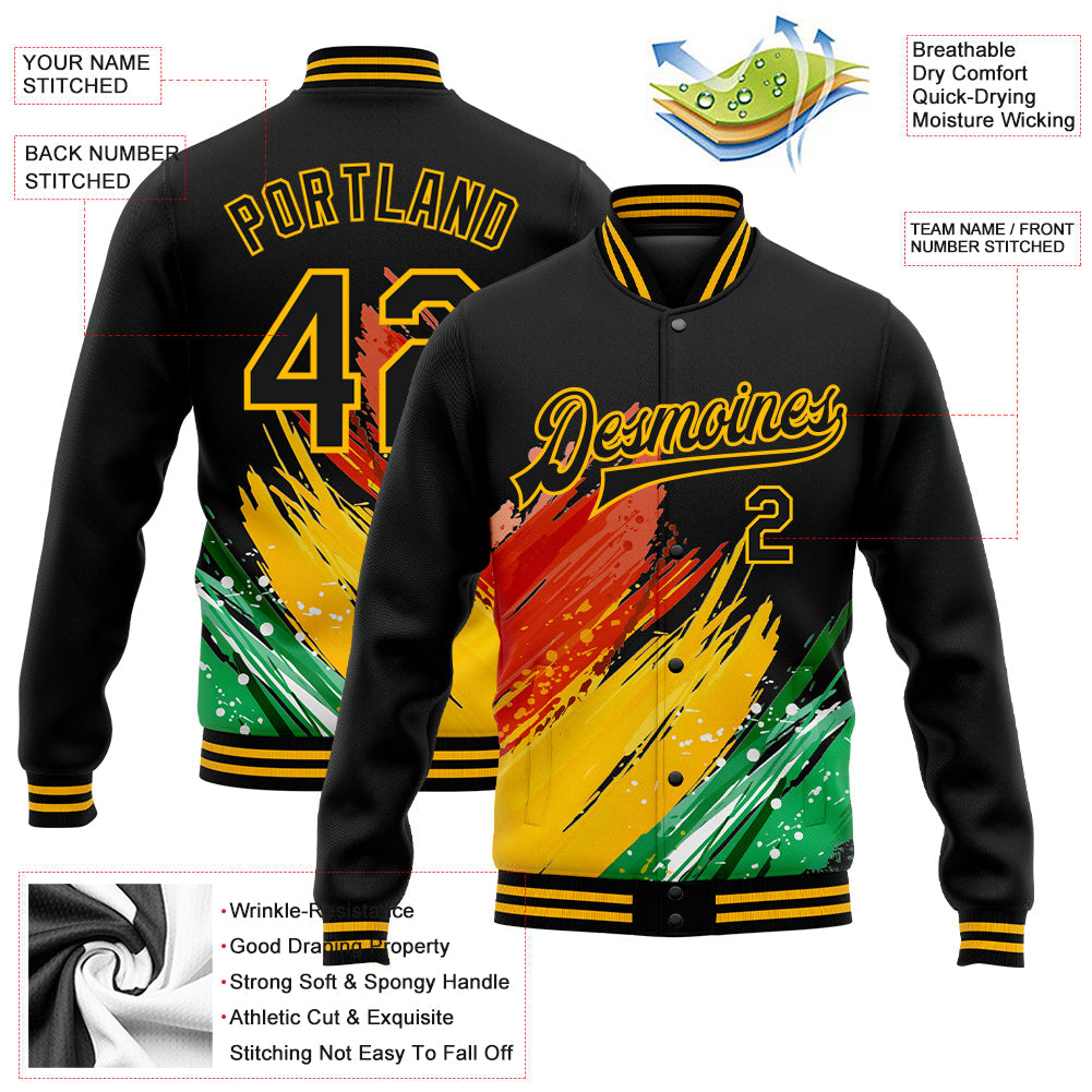 Custom Black Gold Red-Kelly Green Black History Month 3D Pattern Design Bomber Full-Snap Varsity Letterman Jacket view 5