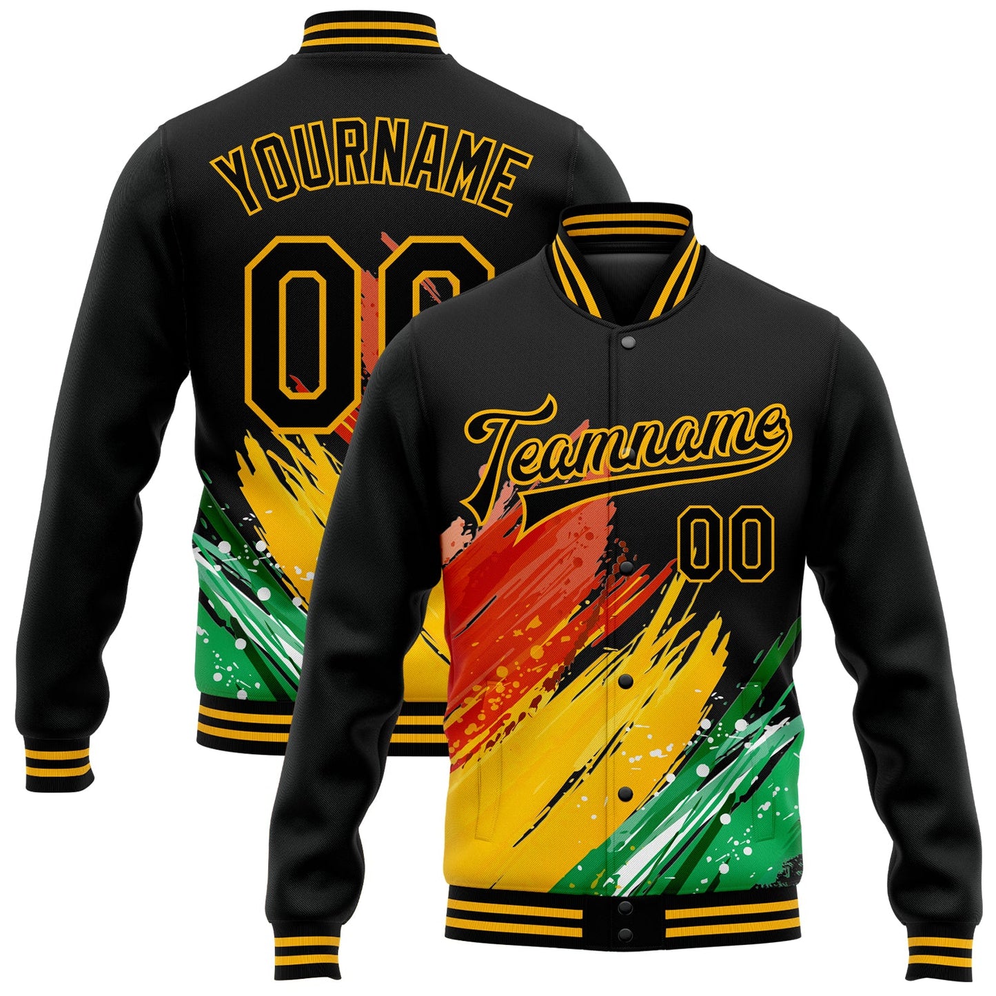 Custom Black Gold Red-Kelly Green Black History Month 3D Pattern Design Bomber Full-Snap Varsity Letterman Jacket - Main View