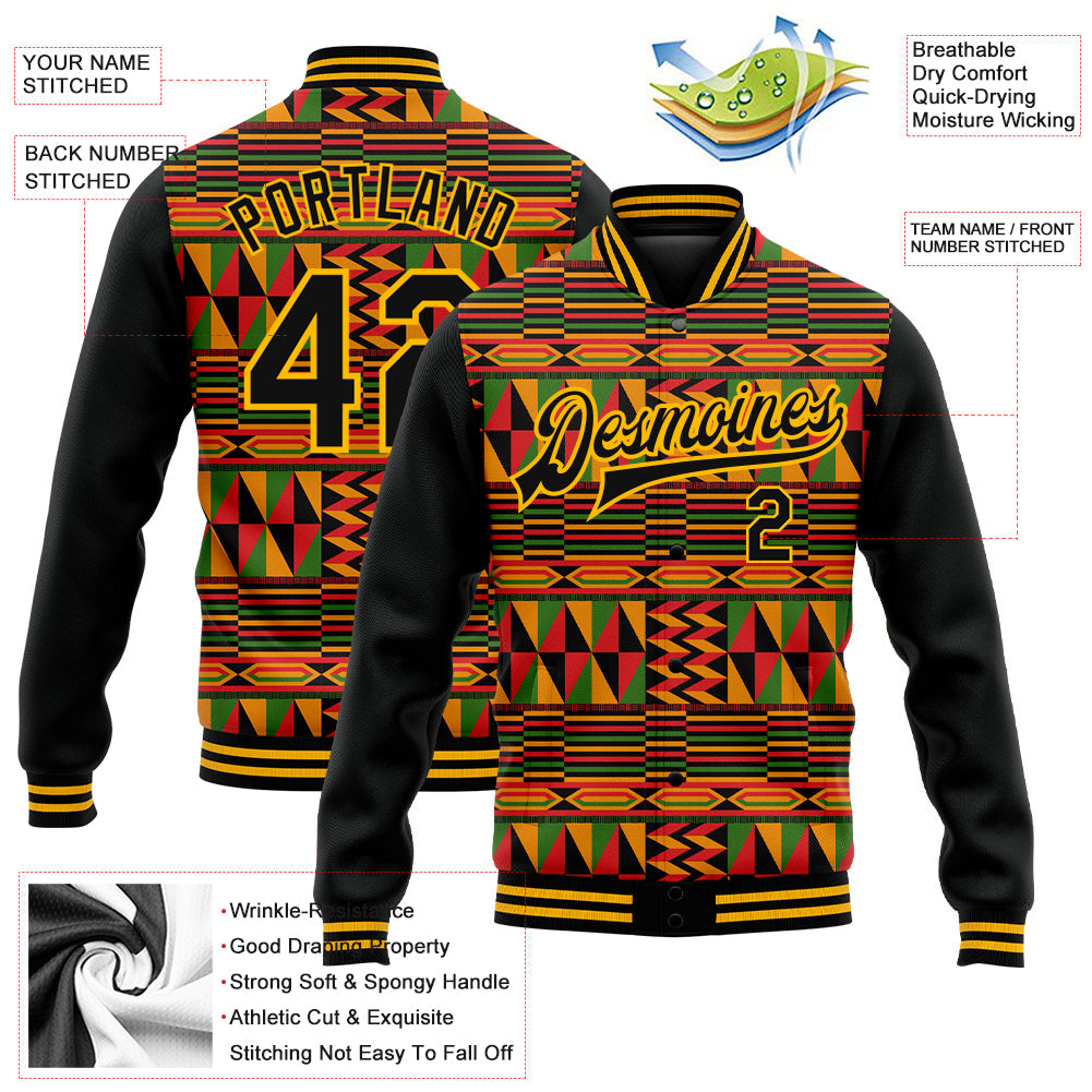 Custom Black Gold Red-Kelly Green Black History Month 3D Pattern Design Bomber Full-Snap Varsity Letterman Jacket view 5