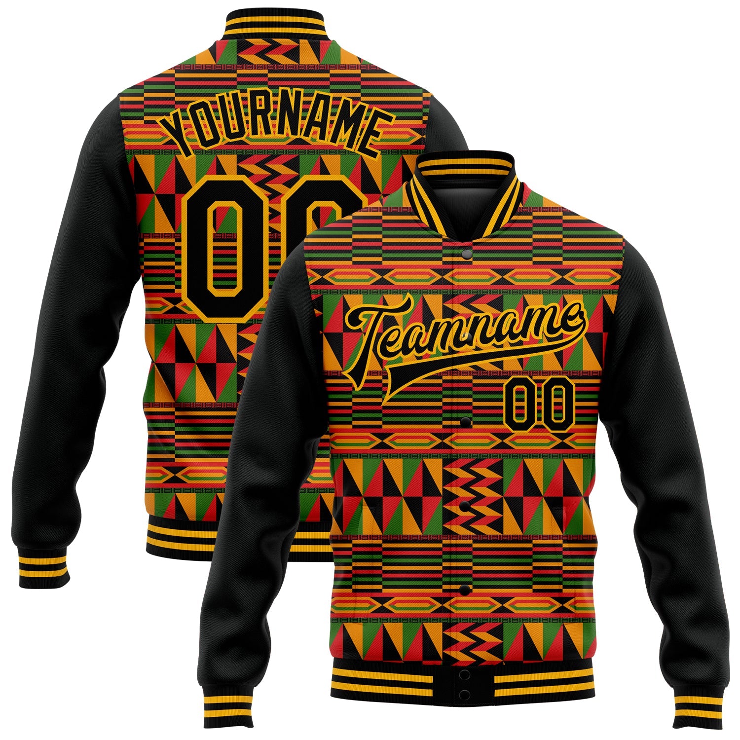 Custom Black Gold Red-Kelly Green Black History Month 3D Pattern Design Bomber Full-Snap Varsity Letterman Jacket - Main View