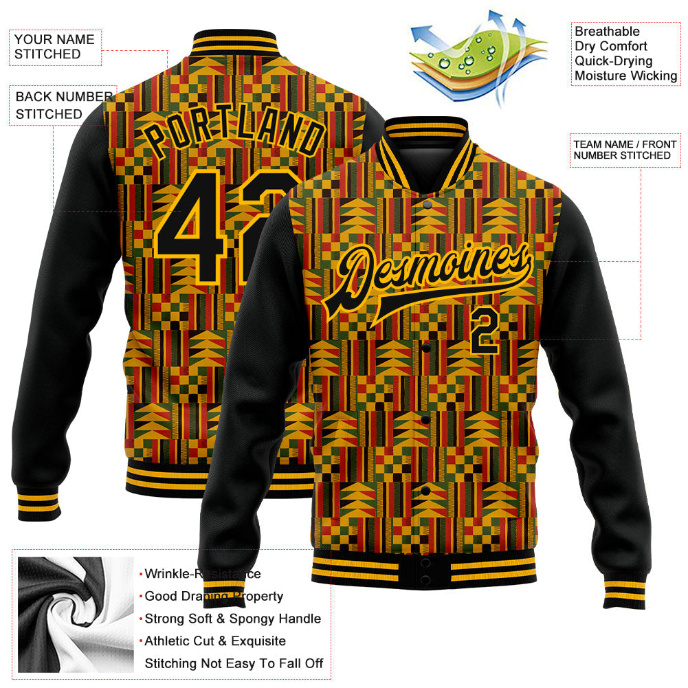 Custom Black Gold Red-Kelly Green Black History Month 3D Pattern Design Bomber Full-Snap Varsity Letterman Jacket view 5