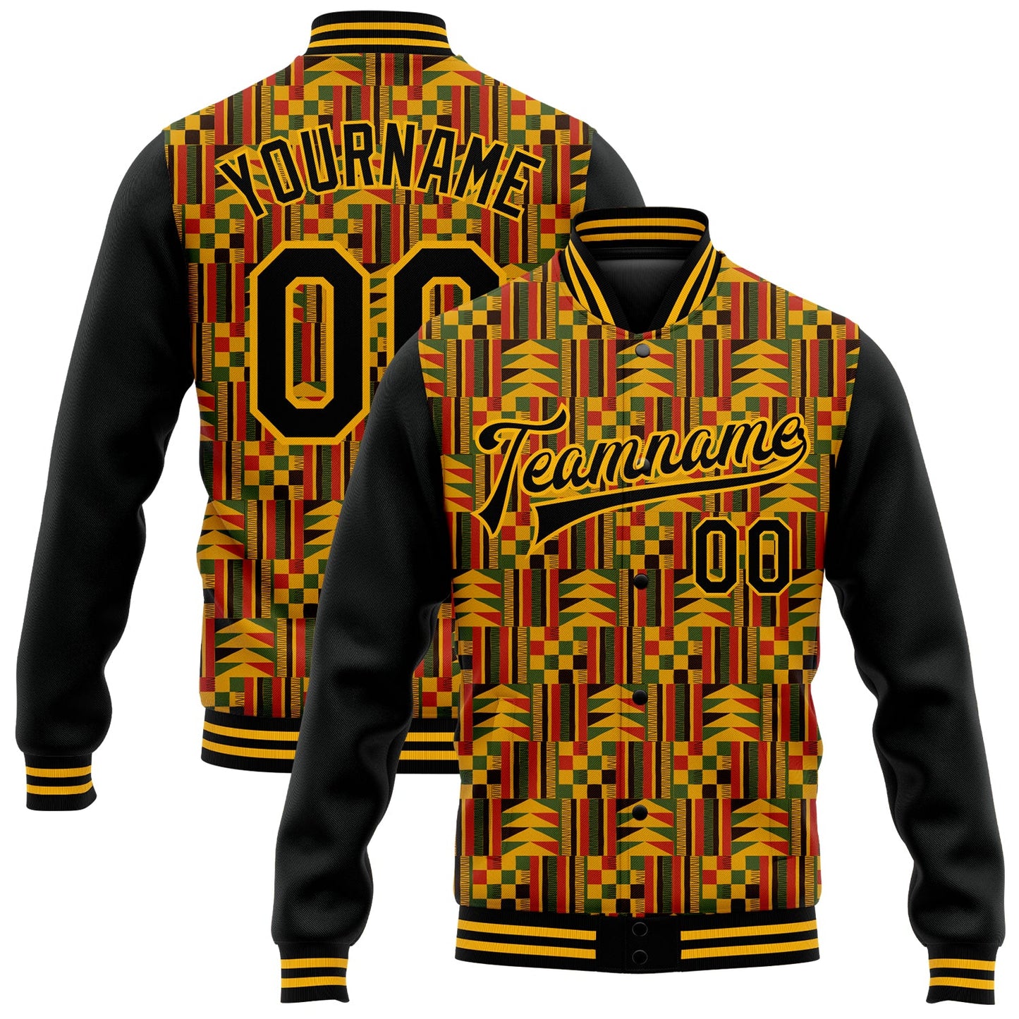 Custom Black Gold Red-Kelly Green Black History Month 3D Pattern Design Bomber Full-Snap Varsity Letterman Jacket - Main View