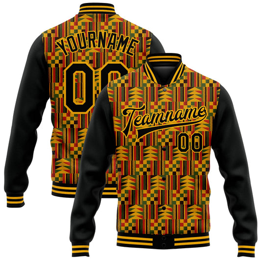 Custom Black Gold Red-Kelly Green Black History Month 3D Pattern Design Bomber Full-Snap Varsity Letterman Jacket - Main View
