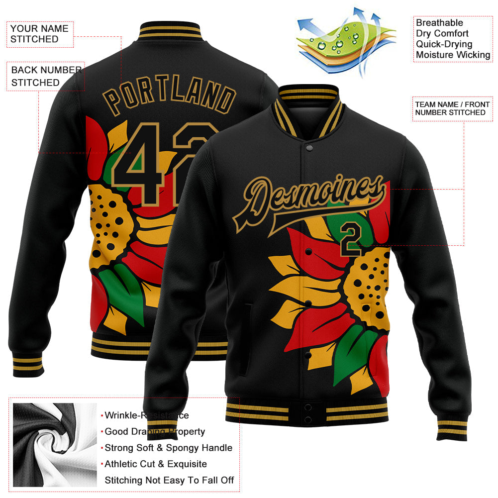 Custom Black Old Gold Red-Kelly Green Black History Month 3D Pattern Design Bomber Full-Snap Varsity Letterman Jacket view 5