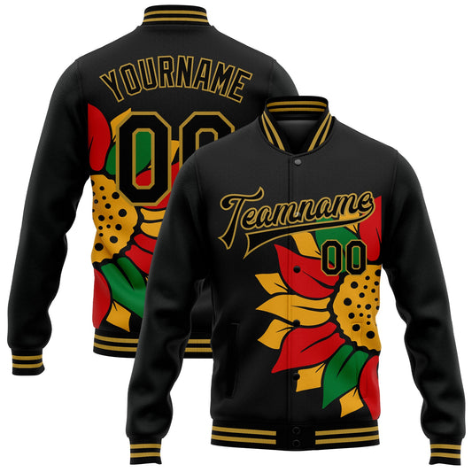 Custom Black Old Gold Red-Kelly Green Black History Month 3D Pattern Design Bomber Full-Snap Varsity Letterman Jacket - Main View