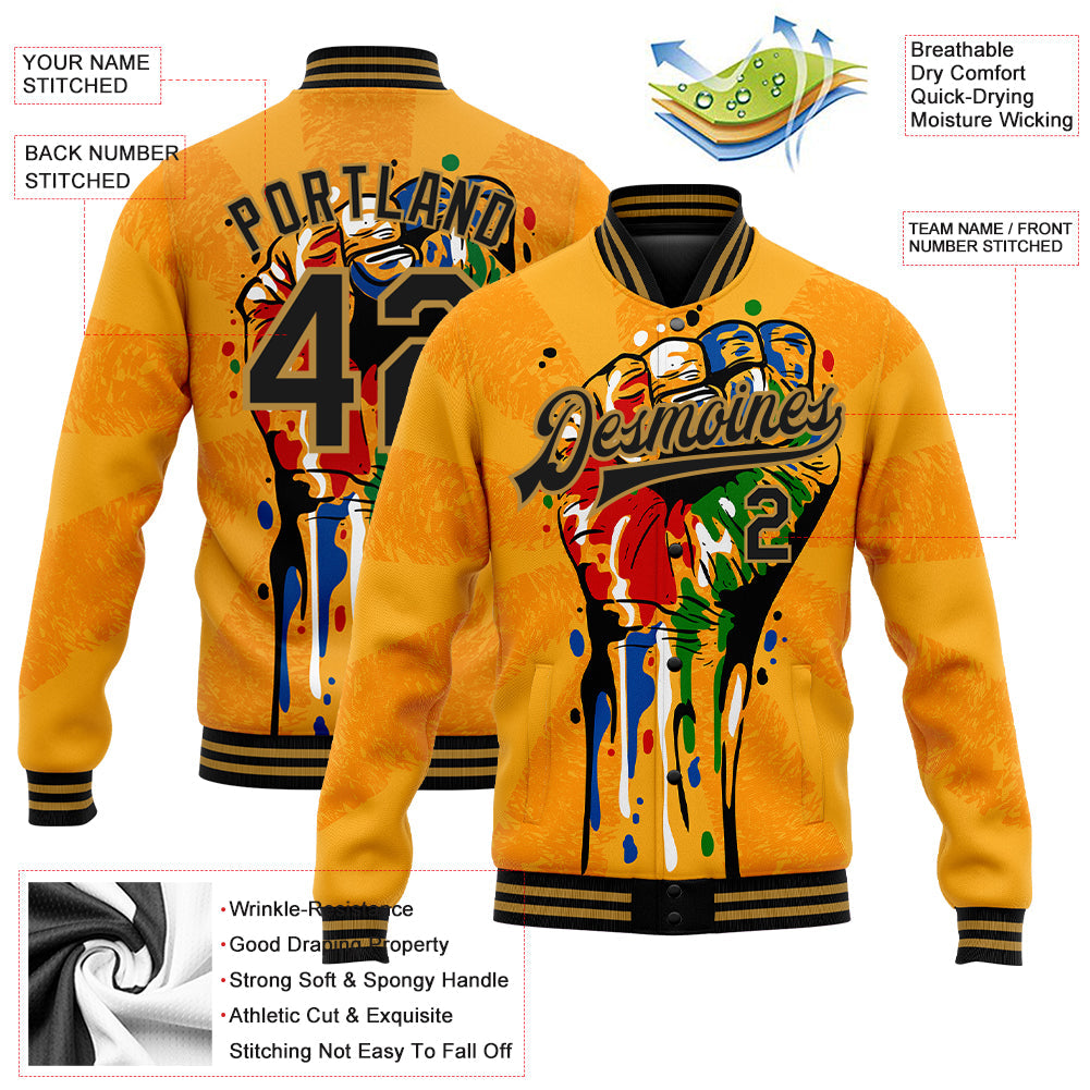 Custom Gold Black-Old Gold Black History Month 3D Pattern Design Bomber Full-Snap Varsity Letterman Jacket view 5