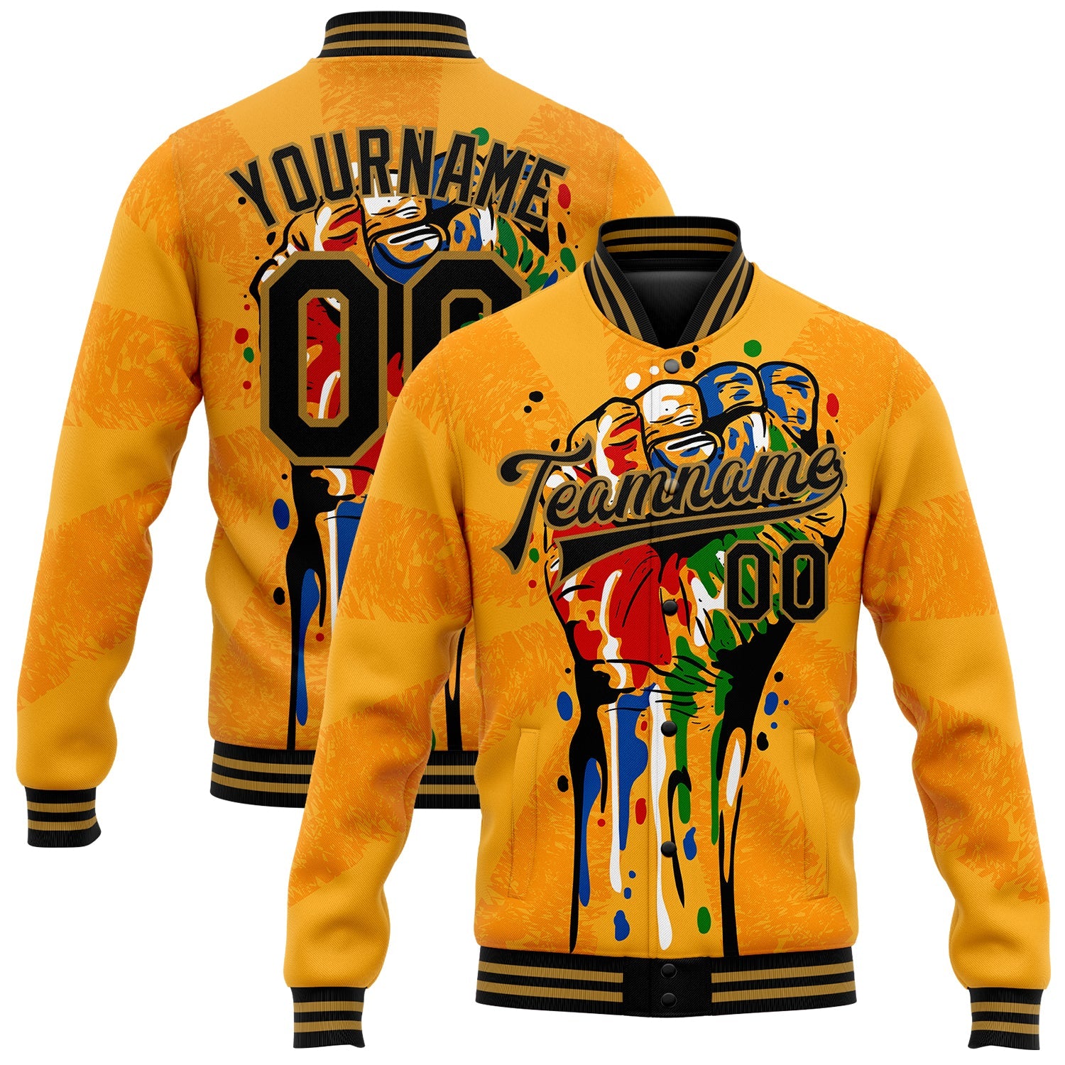 Custom Gold Black-Old Gold Black History Month 3D Pattern Design Bomber Full-Snap Varsity Letterman Jacket - Main View