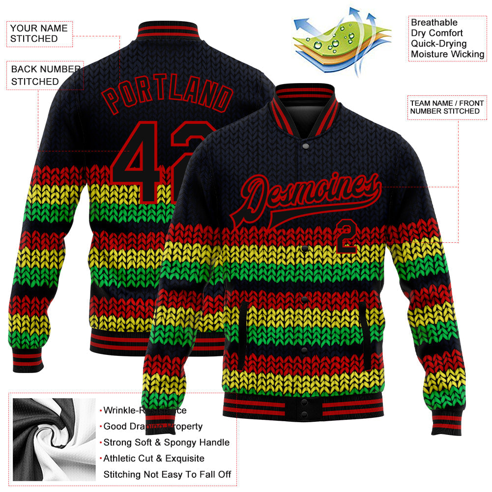 Custom Black Red Kelly Green-Gold Black History Month 3D Pattern Design Bomber Full-Snap Varsity Letterman Jacket view 5