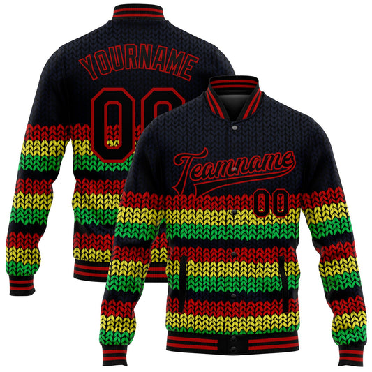 Custom Black Red Kelly Green-Gold Black History Month 3D Pattern Design Bomber Full-Snap Varsity Letterman Jacket - Main View