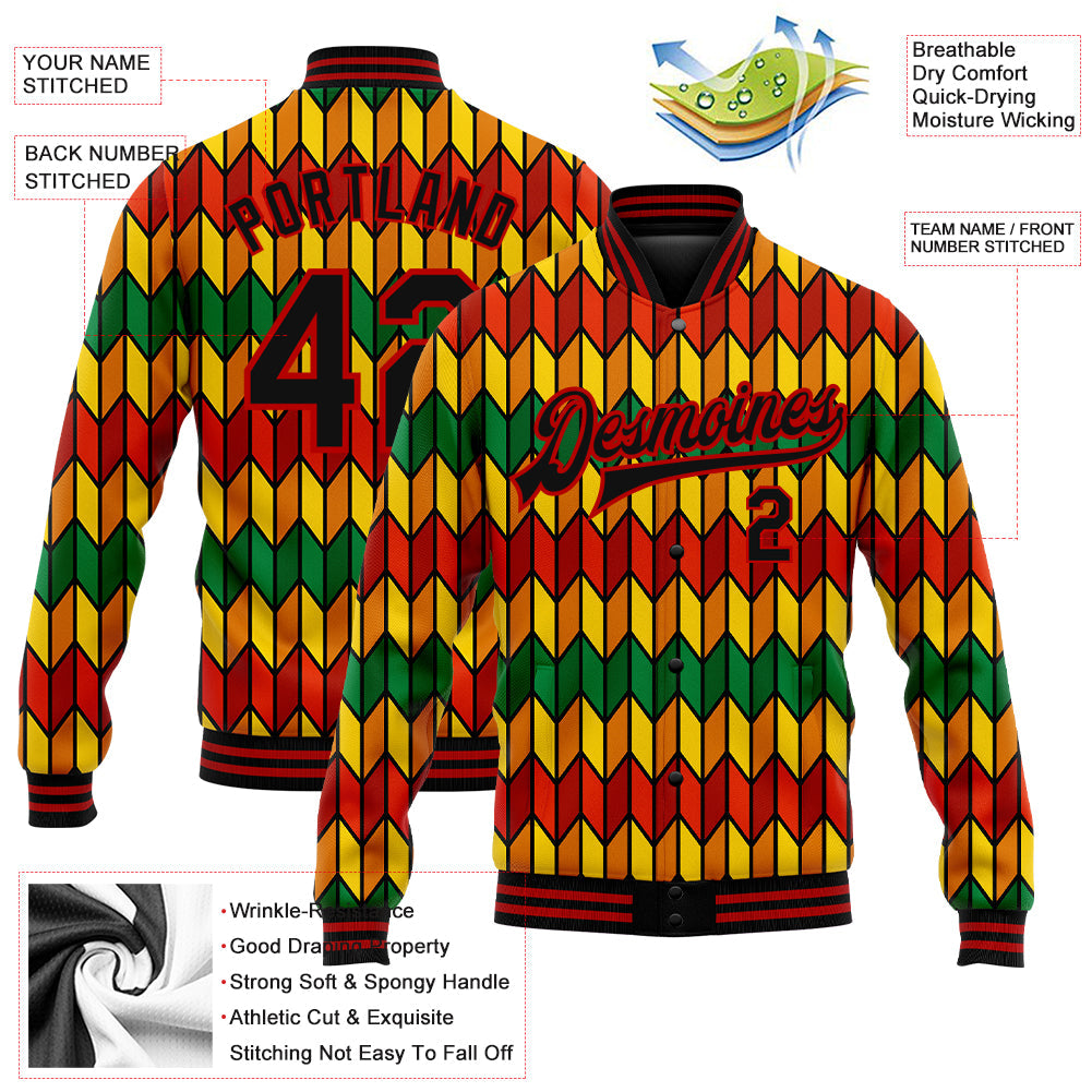 Custom Red Black Kelly Green-Gold Black History Month 3D Pattern Design Bomber Full-Snap Varsity Letterman Jacket view 5