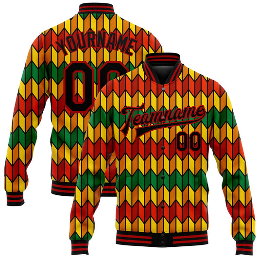 Custom Red Black Kelly Green-Gold Black History Month 3D Pattern Design Bomber Full-Snap Varsity Letterman Jacket - Main View