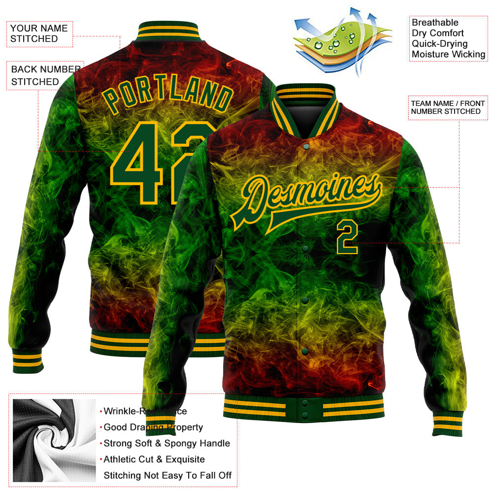 Custom Red Green-Gold Black History Month 3D Pattern Design Bomber Full-Snap Varsity Letterman Jacket view 5