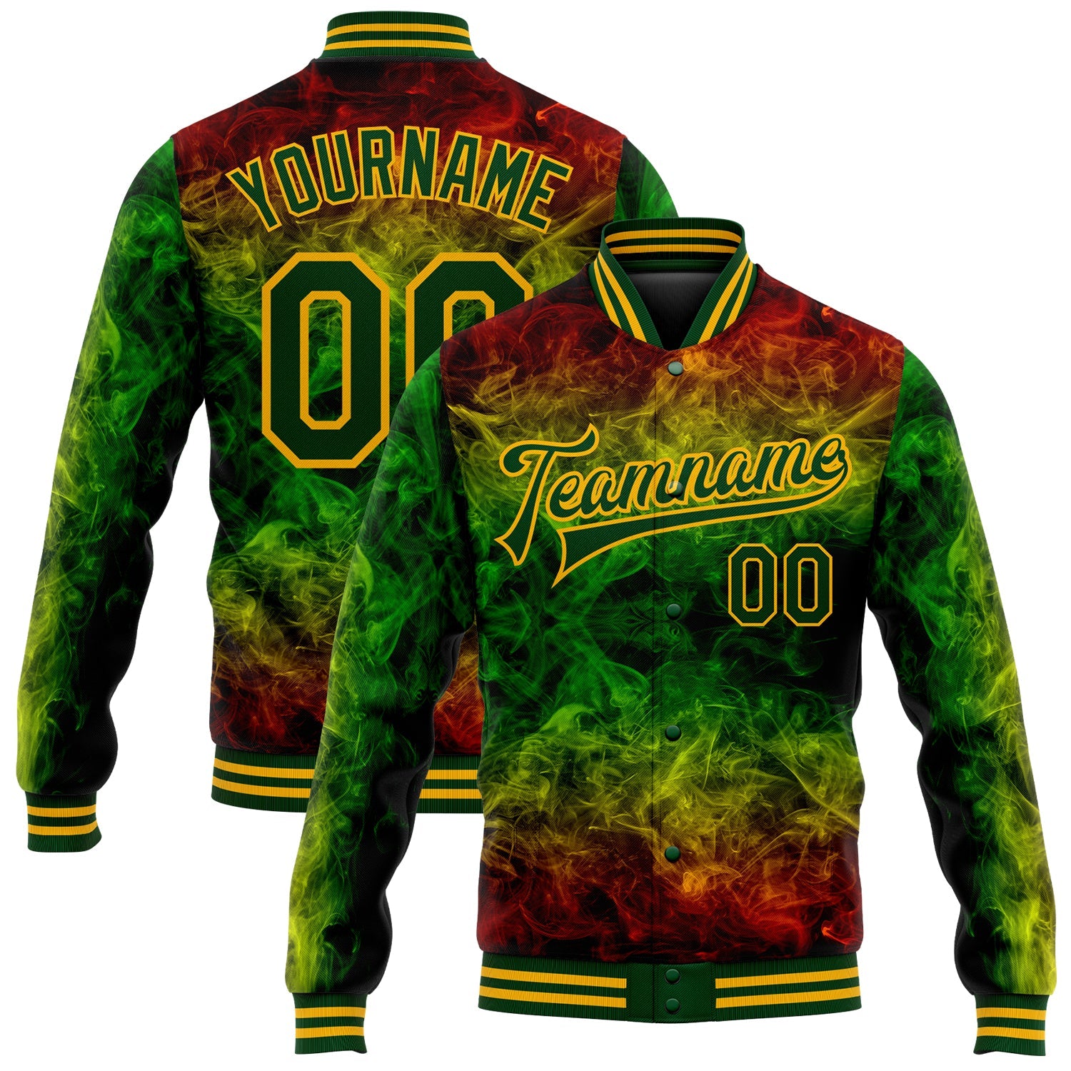 Custom Red Green-Gold Black History Month 3D Pattern Design Bomber Full-Snap Varsity Letterman Jacket - Main View