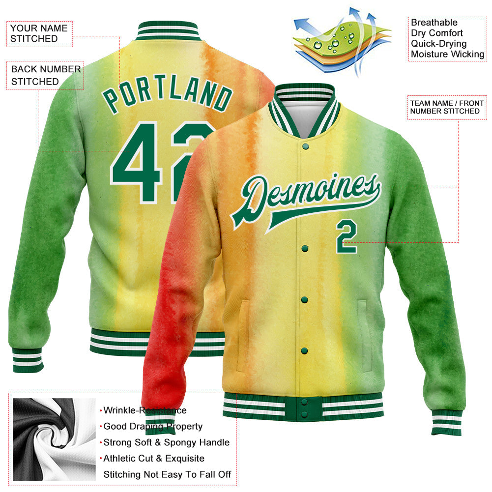 Custom Gold Kelly Green-Red Black History Month 3D Pattern Design Bomber Full-Snap Varsity Letterman Jacket view 5