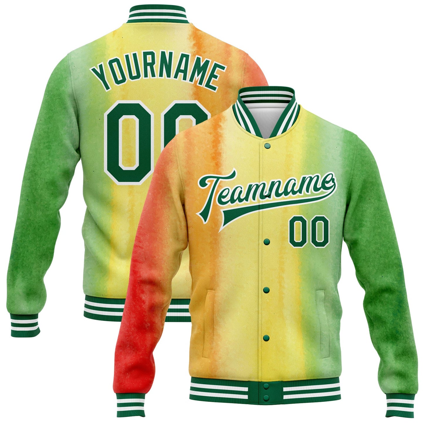 Custom Gold Kelly Green-Red Black History Month 3D Pattern Design Bomber Full-Snap Varsity Letterman Jacket - Main View