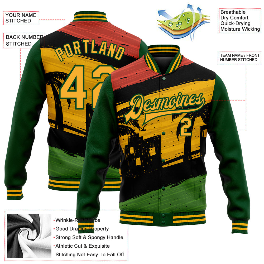 Custom Black Gold-Green Black History Month 3D Pattern Design Bomber Full-Snap Varsity Letterman Jacket view 5
