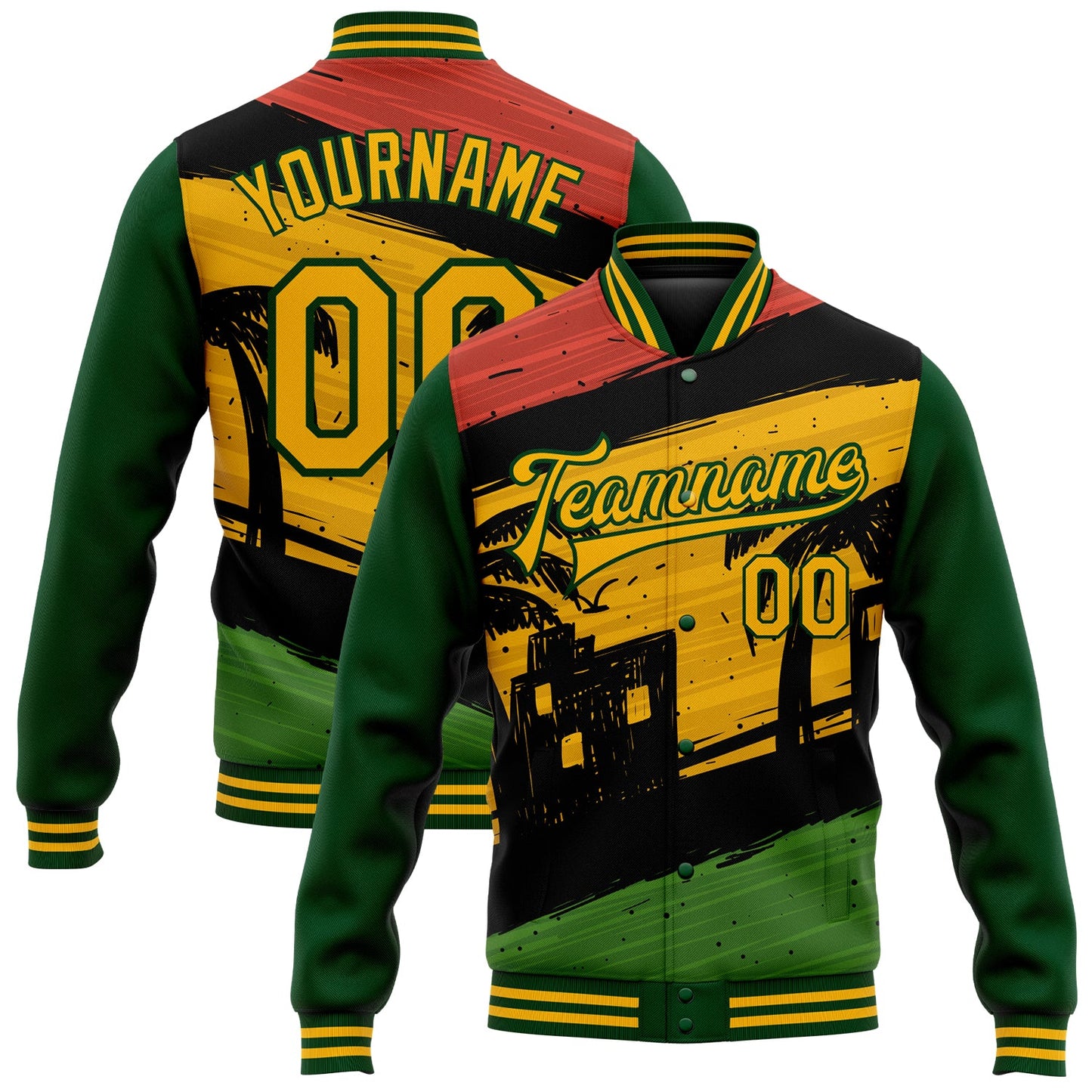 Custom Black Gold-Green Black History Month 3D Pattern Design Bomber Full-Snap Varsity Letterman Jacket - Main View