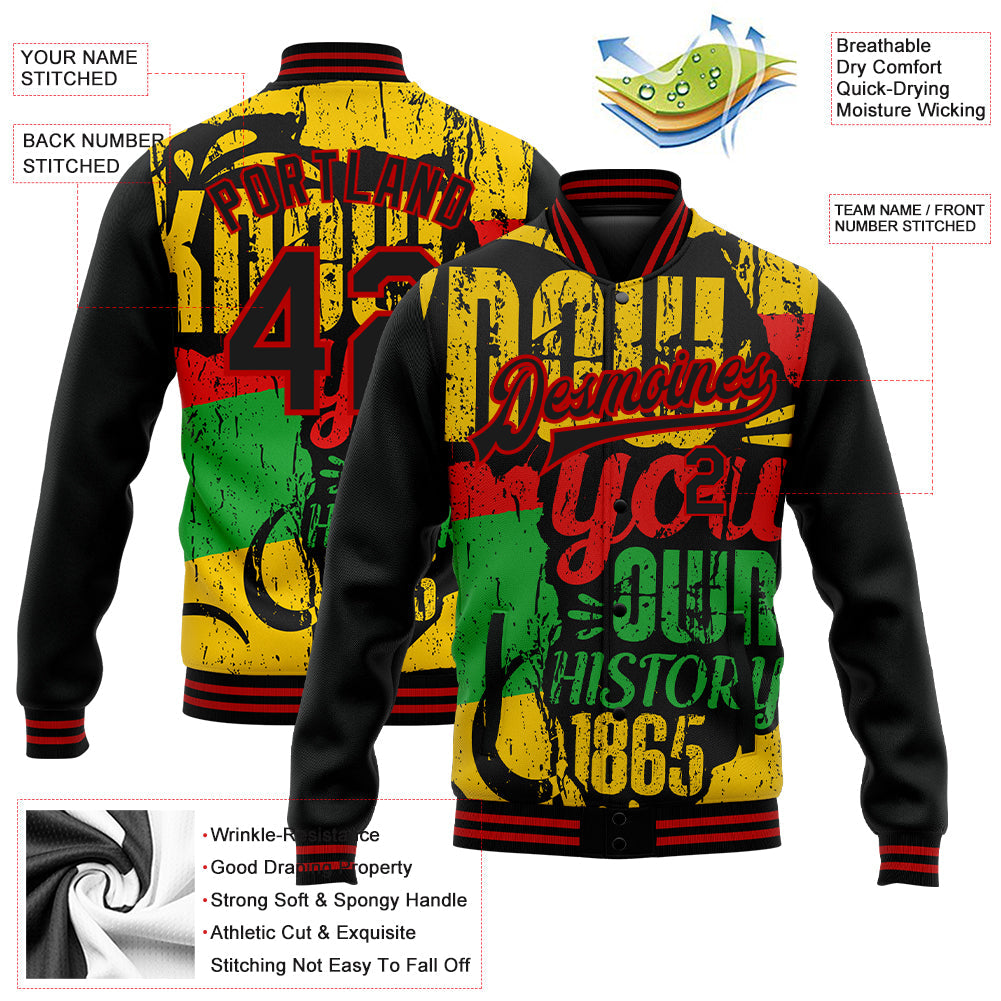 Custom Black Red Gold-Kelly Green Black History Month 3D Pattern Design Bomber Full-Snap Varsity Letterman Jacket view 5