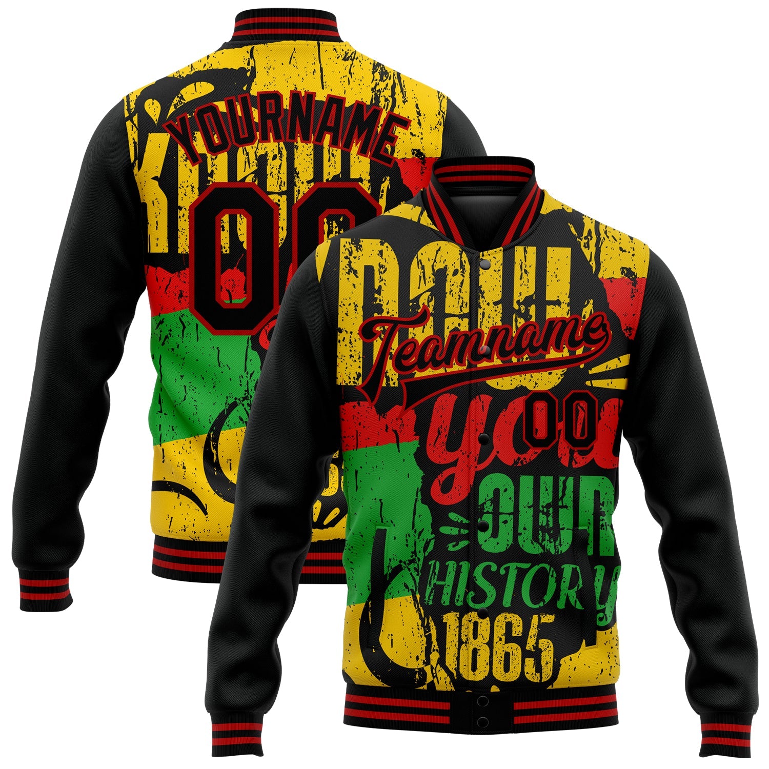 Custom Black Red Gold-Kelly Green Black History Month 3D Pattern Design Bomber Full-Snap Varsity Letterman Jacket - Main View