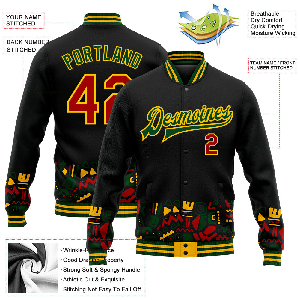 Custom Black Red Gold-Green Black History Month 3D Pattern Design Bomber Full-Snap Varsity Letterman Jacket view 5