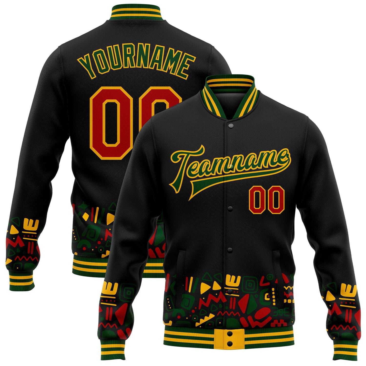 Custom Black Red Gold-Green Black History Month 3D Pattern Design Bomber Full-Snap Varsity Letterman Jacket - Main View