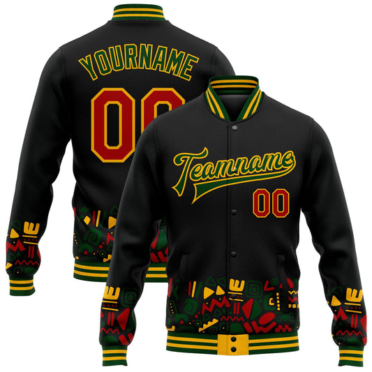 Custom Black Red Gold-Green Black History Month 3D Pattern Design Bomber Full-Snap Varsity Letterman Jacket - Main View