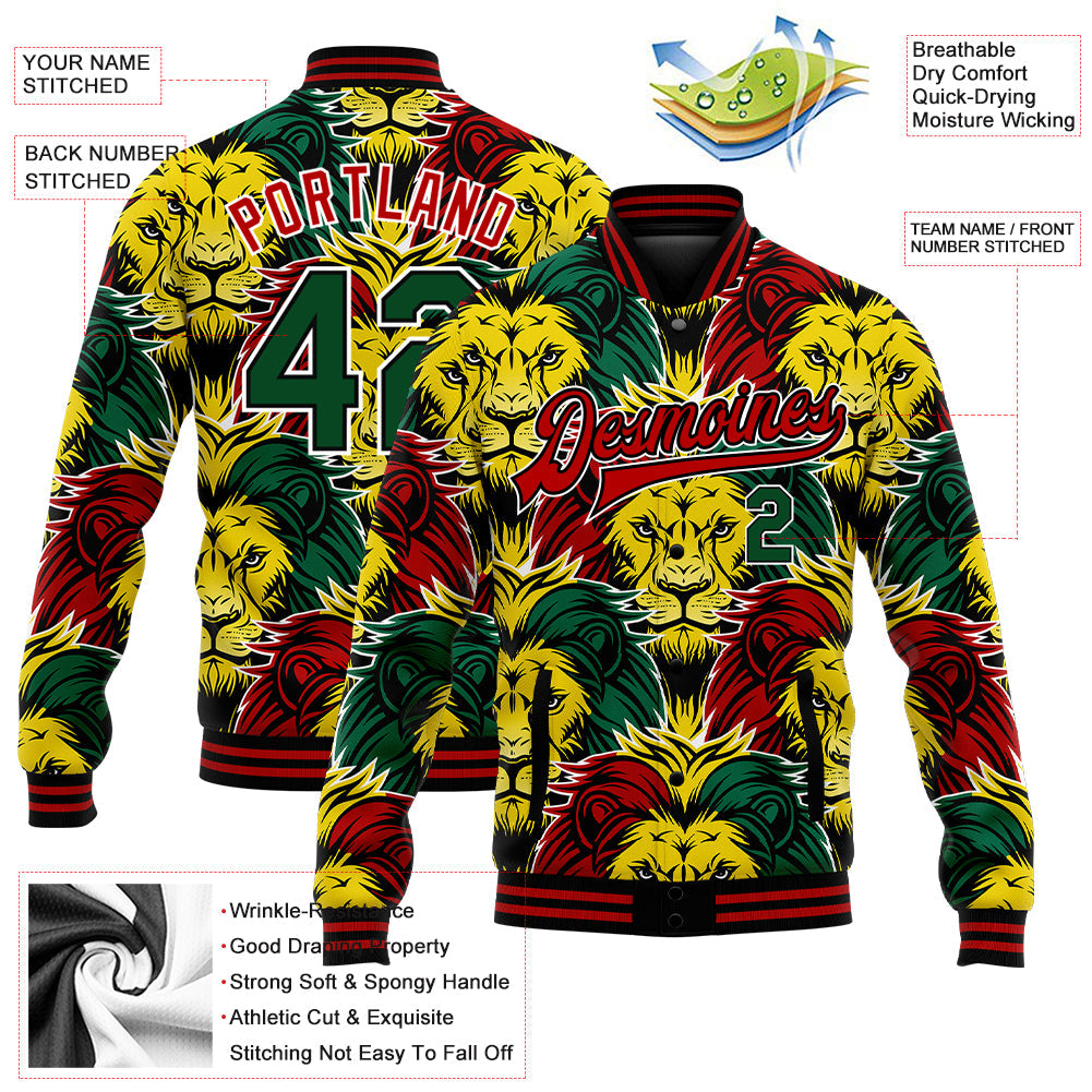 Custom Black Kelly Green Red-Gold Black History Month Lion 3D Pattern Design Bomber Full-Snap Varsity Letterman Jacket view 5