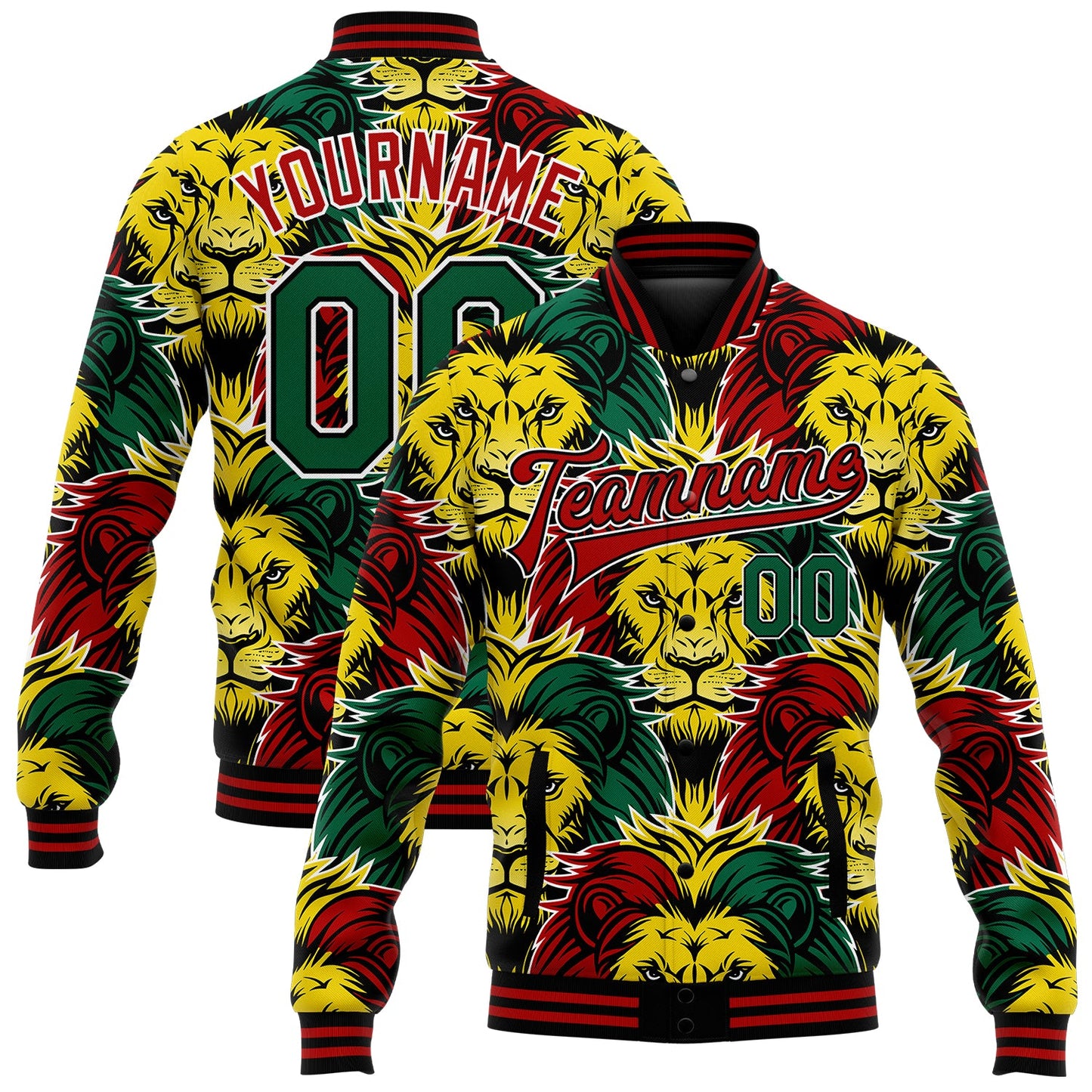 Custom Black Kelly Green Red-Gold Black History Month Lion 3D Pattern Design Bomber Full-Snap Varsity Letterman Jacket - Main View