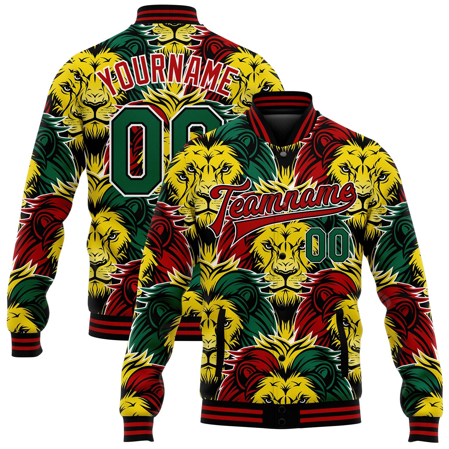 Custom Black Kelly Green Red-Gold Black History Month Lion 3D Pattern Design Bomber Full-Snap Varsity Letterman Jacket - Main View