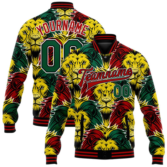 Custom Black Kelly Green Red-Gold Black History Month Lion 3D Pattern Design Bomber Full-Snap Varsity Letterman Jacket - Main View