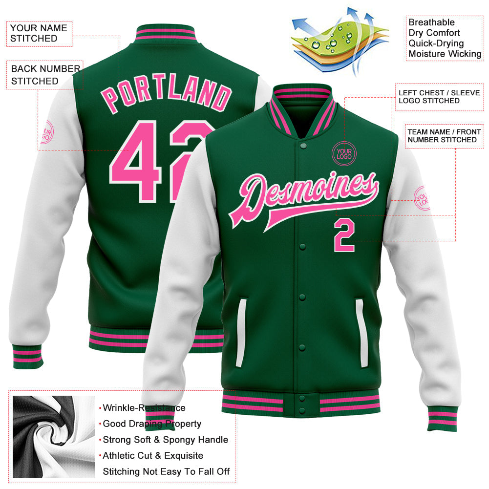 Custom Kelly Green Pink-White Bomber Full-Snap Varsity Letterman Two Tone Jacket view 5