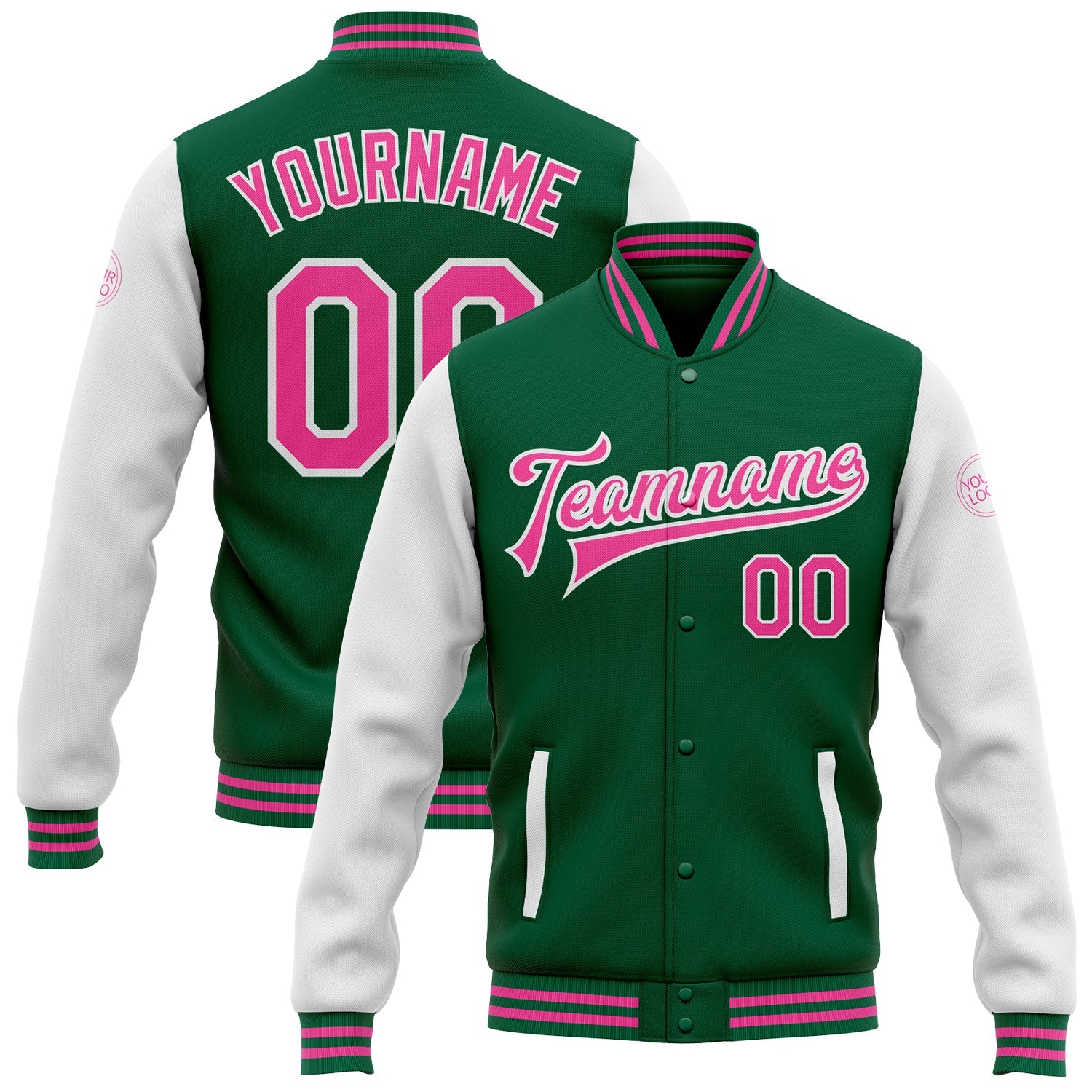 Custom Kelly Green Pink-White Bomber Full-Snap Varsity Letterman Two Tone Jacket - Main View